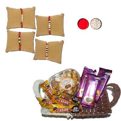 "Glimmering Pearl Rakhi Combo-JPRAK-23-09 ( 4 Rakhis),  Choco Thali - code RC13 - Click here to View more details about this Product